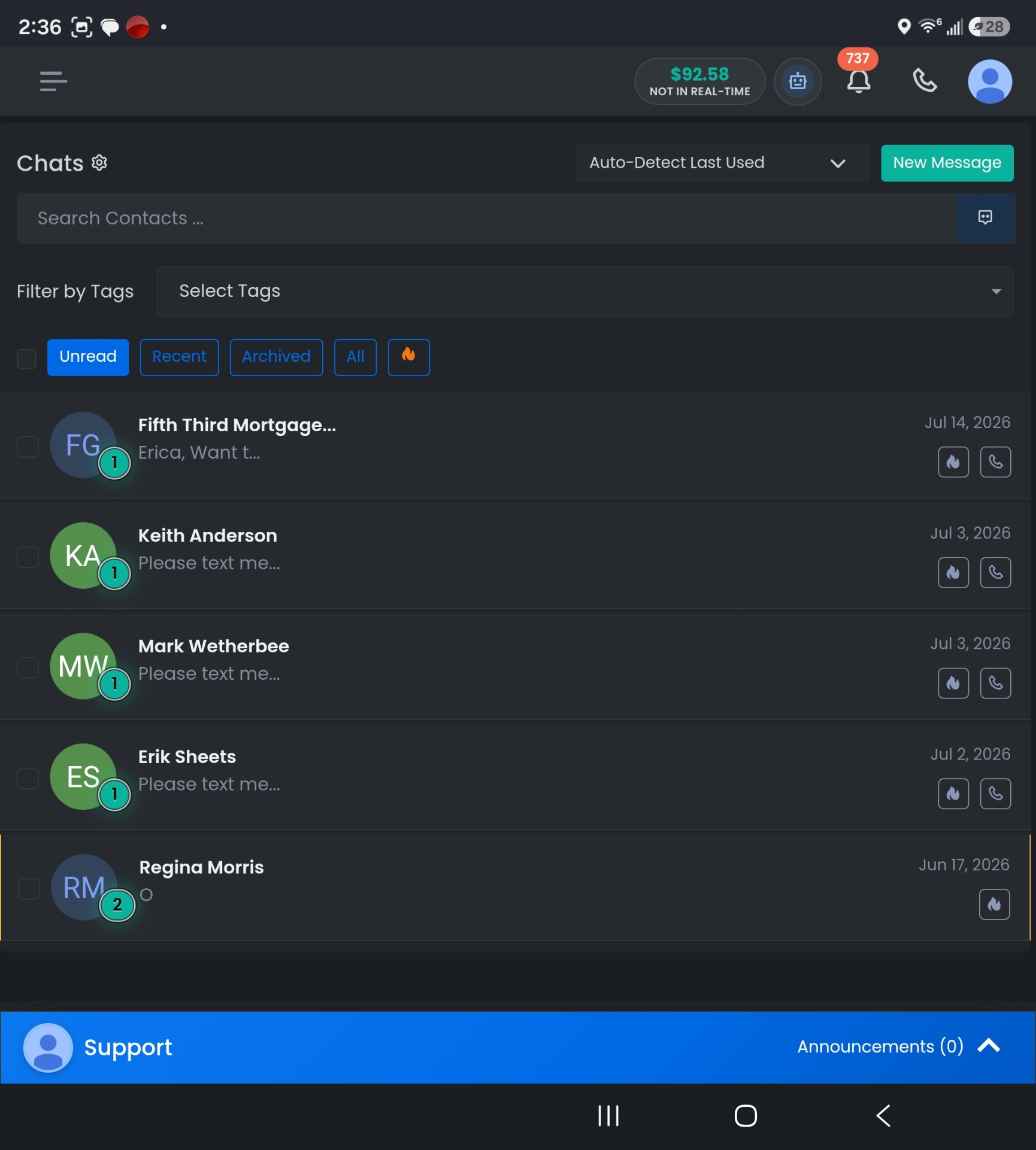 SalesGod CRM inbox showing unread prospect conversations