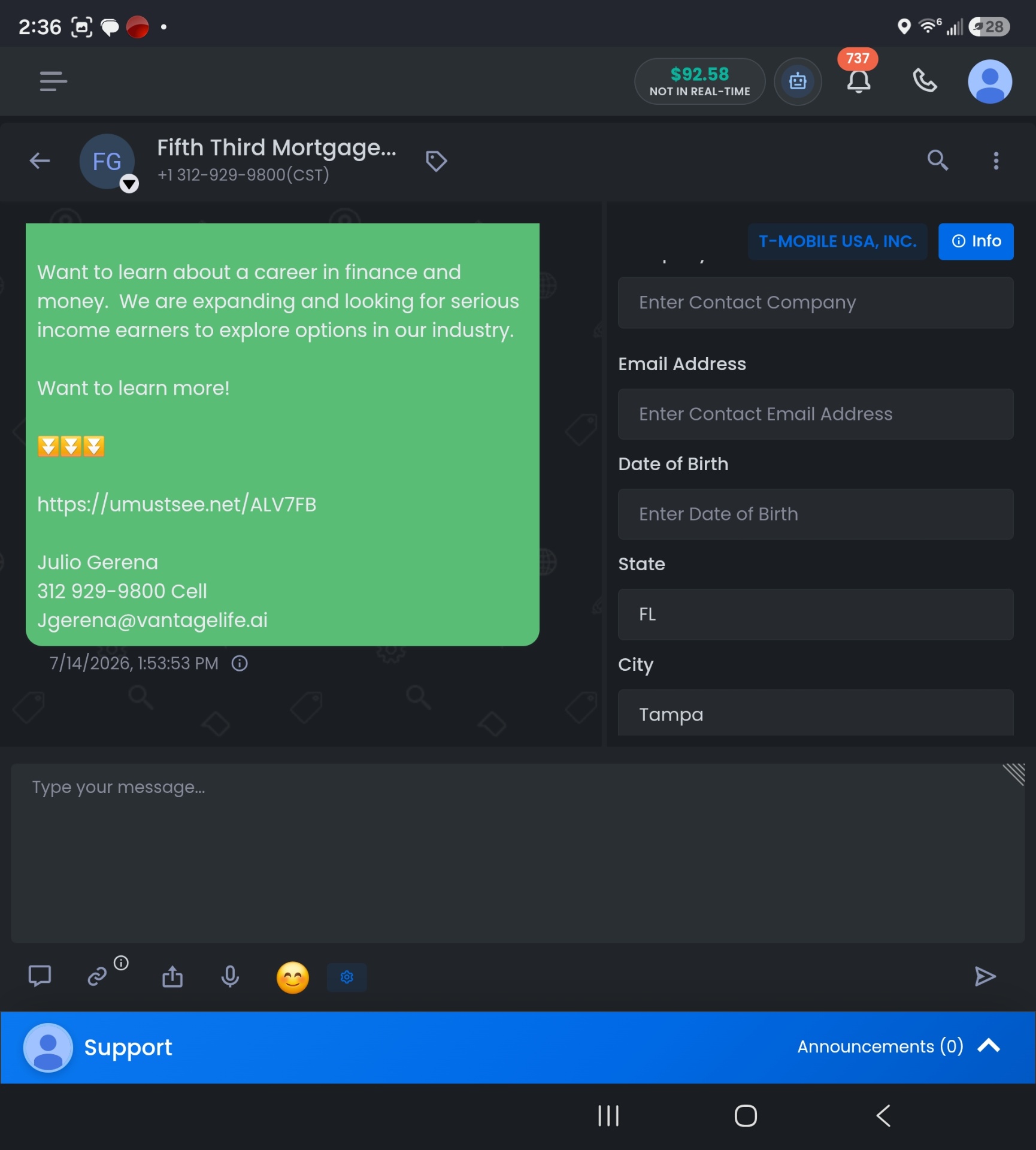 SalesGod CRM conversation view with an outreach message and prospect contact record
